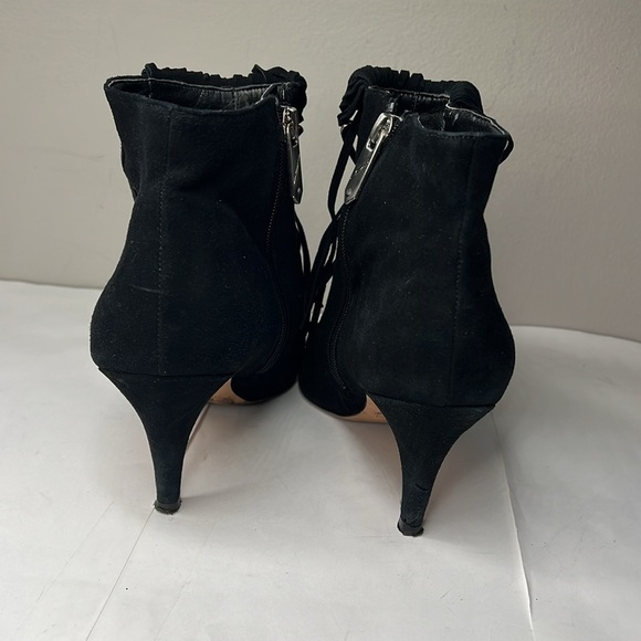 Brian Atwood Sz 9 Perri Black Suede Fringe Firing Booties Metal Detail 2.5” Heel - Picture 4 of 10